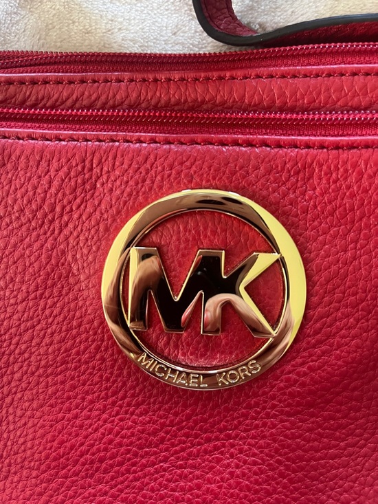Michael Kors Red Leather Crossbody with Gold MK Emblem - Picture 4 of 9